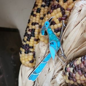 Amazing Vintage Native American Turquoise Inlay Roadrunner Pin 💙🩵